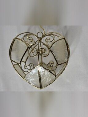 Vintage Capiz Shell Brass Wire Heart Ornament 3D Mother of Pearl Christmas 3.5"